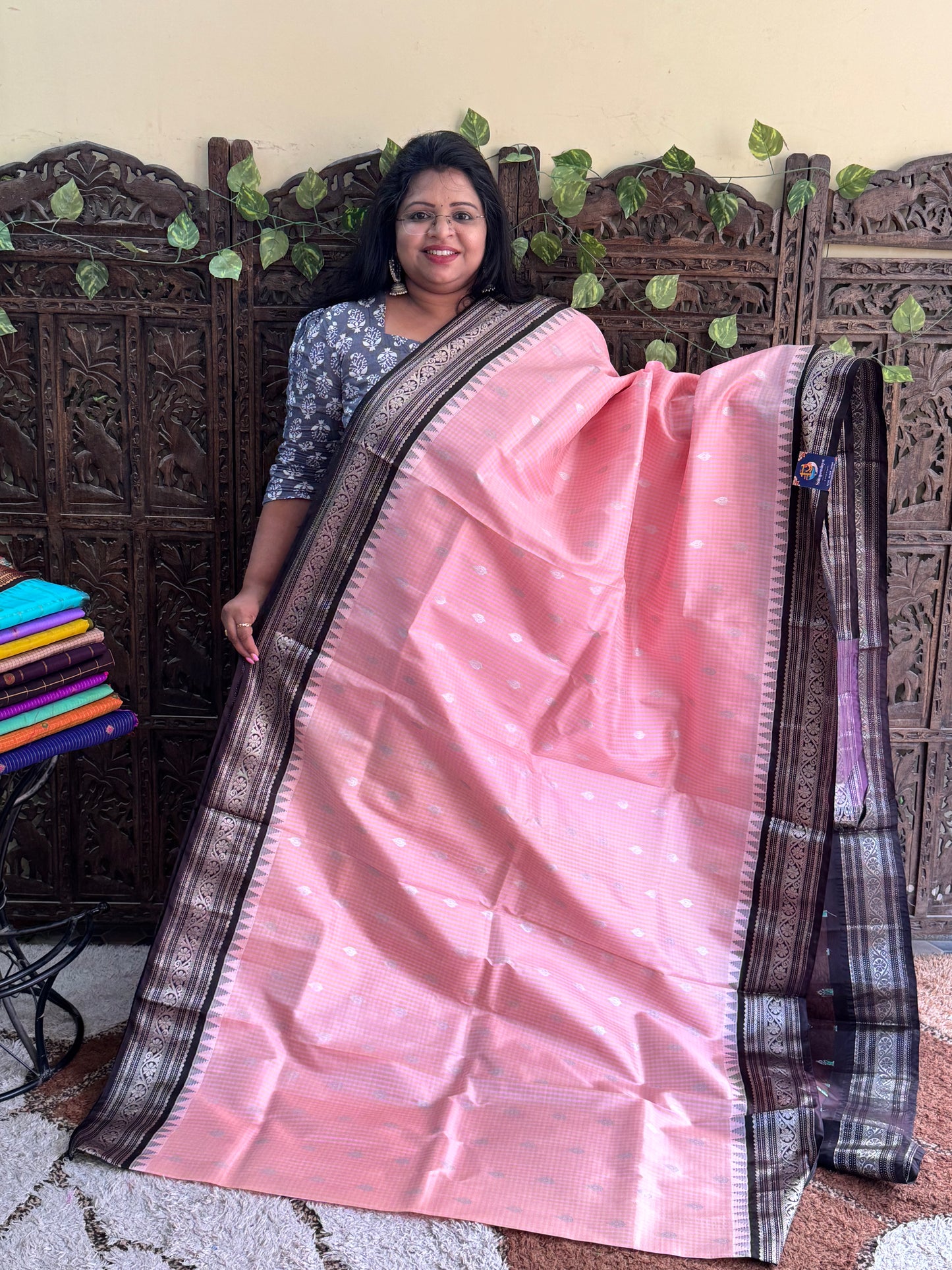Pink Gadwal Pure Silk Saree (Powerloom) With Gold Zari Border — Silk Mark Certified - Sampradaya Designer Studio