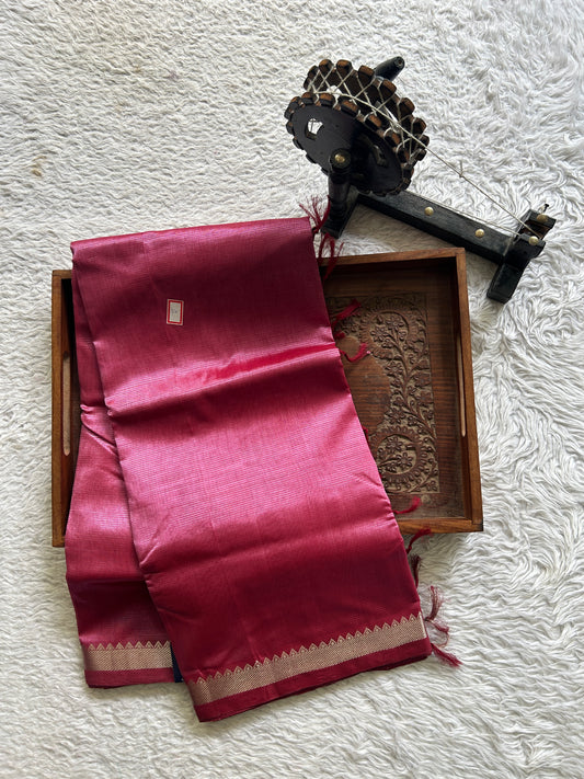Mangalagiri Plain Pattu Saree Dark Onion Pink colored complemented with a Zari Border. - Sampradaya Designer Studio