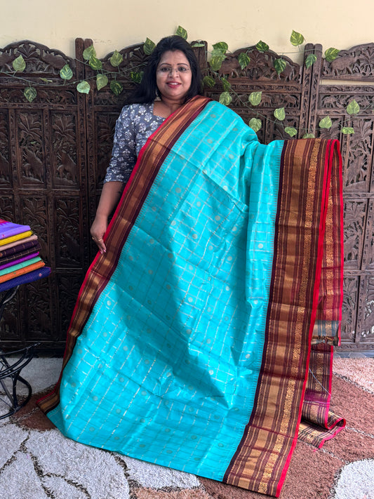Blue Gadwal Pure Silk Saree (Powerloom) With Gold Zari Border — Silk Mark Certified