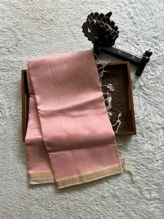 Mangalagiri Plain Pattu Saree Light Baby Pink colored complemented with a Zari Border. - Sampradaya Designer Studio