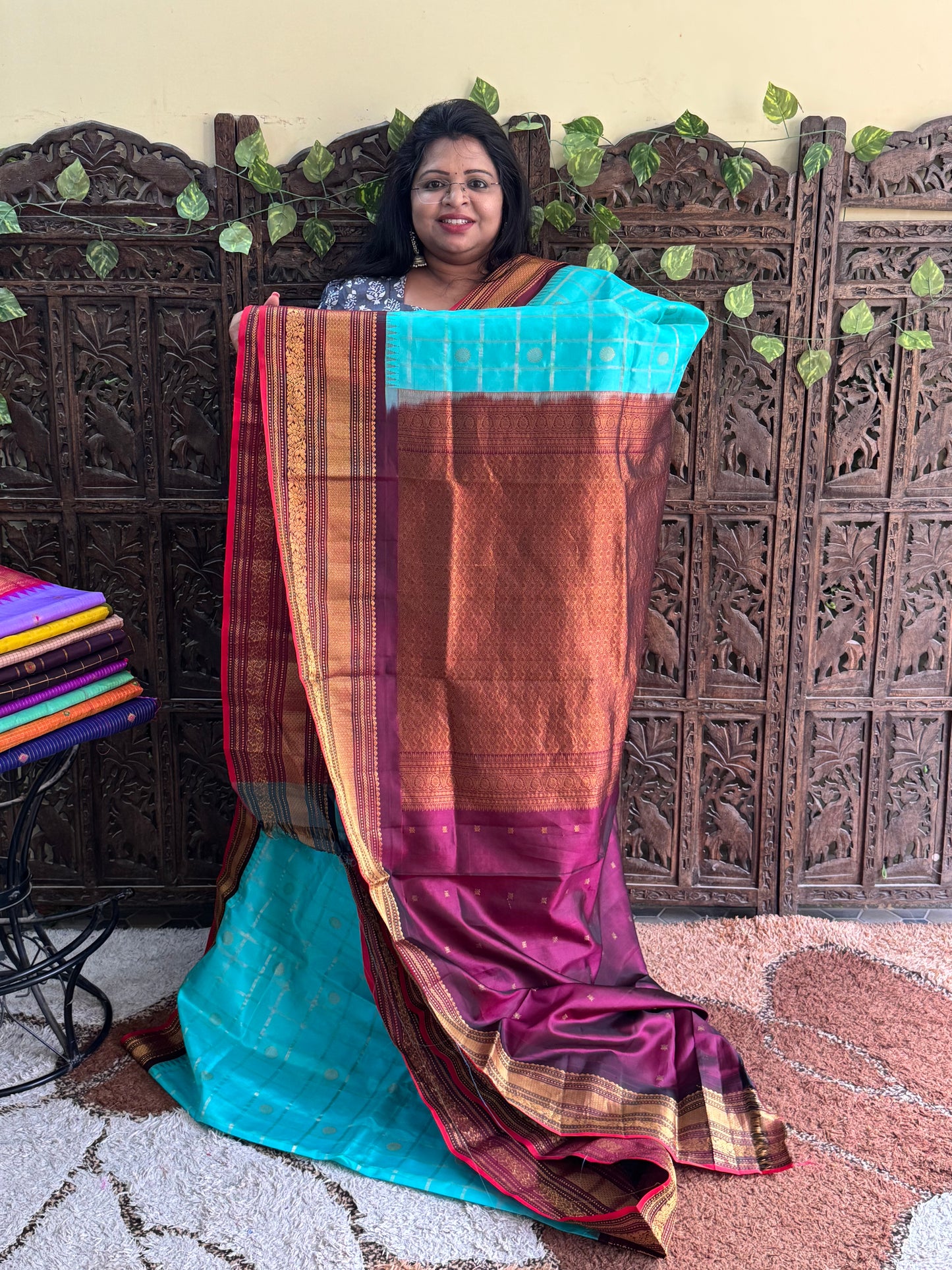 Blue Gadwal Pure Silk Saree (Powerloom) With Gold Zari Border — Silk Mark Certified - Sampradaya Designer Studio
