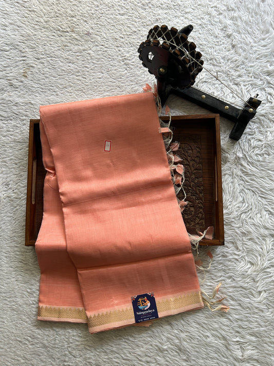 Mangalagiri Plain Pattu Saree Peach colored complemented with a Zari Border. - Sampradaya Designer Studio