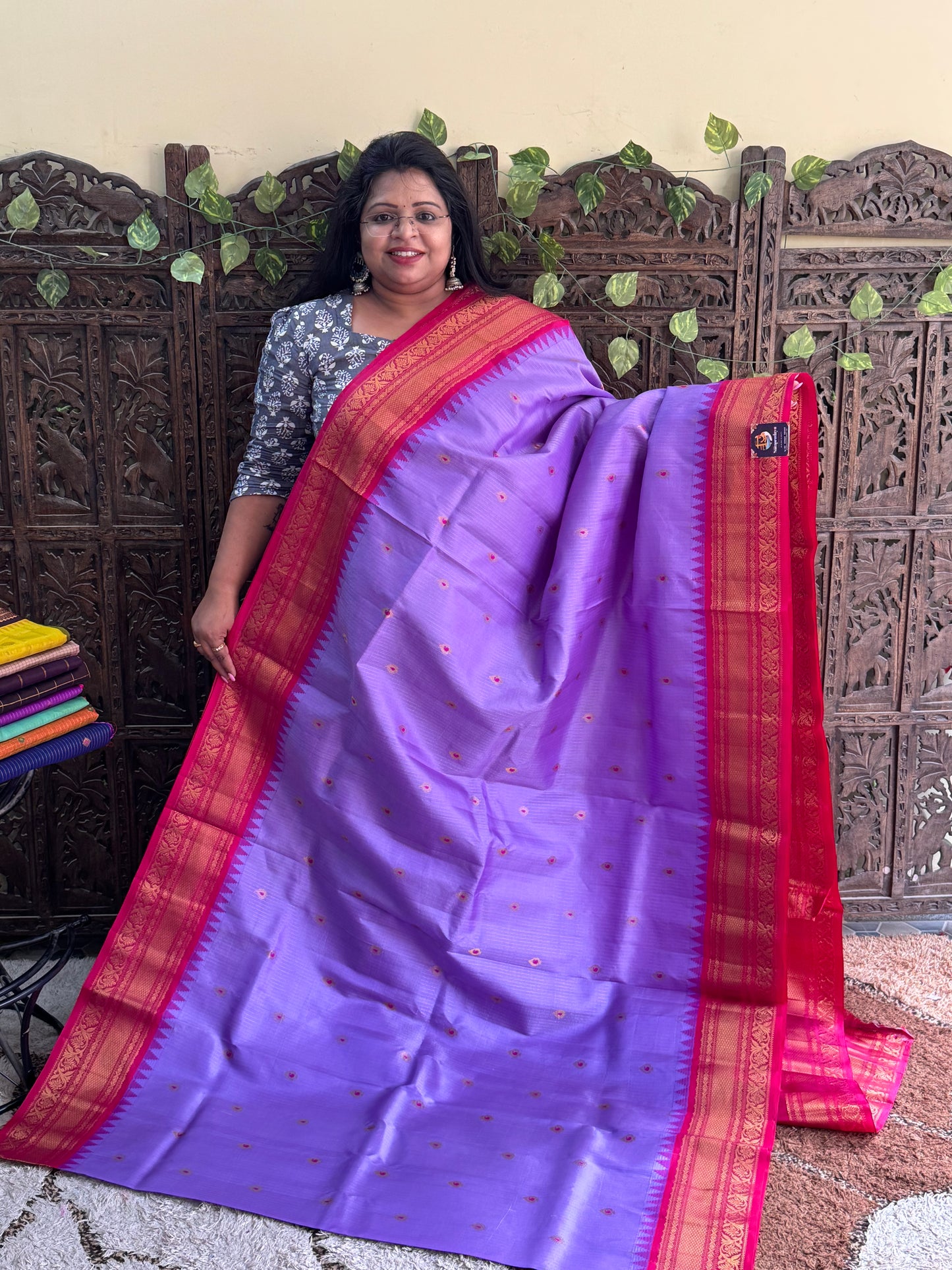 Violet Gadwal Pure Silk Saree (Powerloom) With Gold Zari Border — Silk Mark Certified - Sampradaya Designer Studio