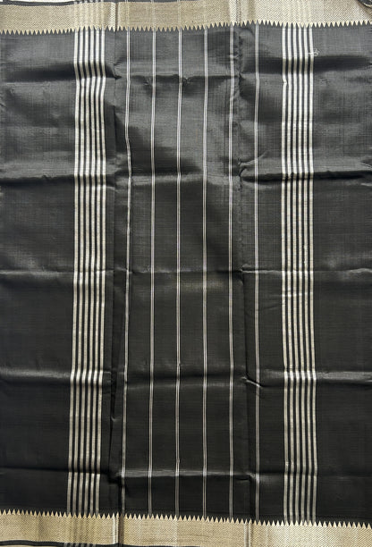 Mangalagiri Plain Pattu Saree Black colored complemented with a Zari Border. - Sampradaya Designer Studio