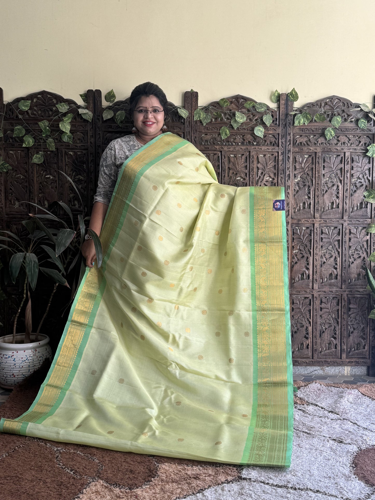 Gadwal Silk Saree Light Neon Green Colored Complemented With a Zari Border - Sampradaya Designer Studio