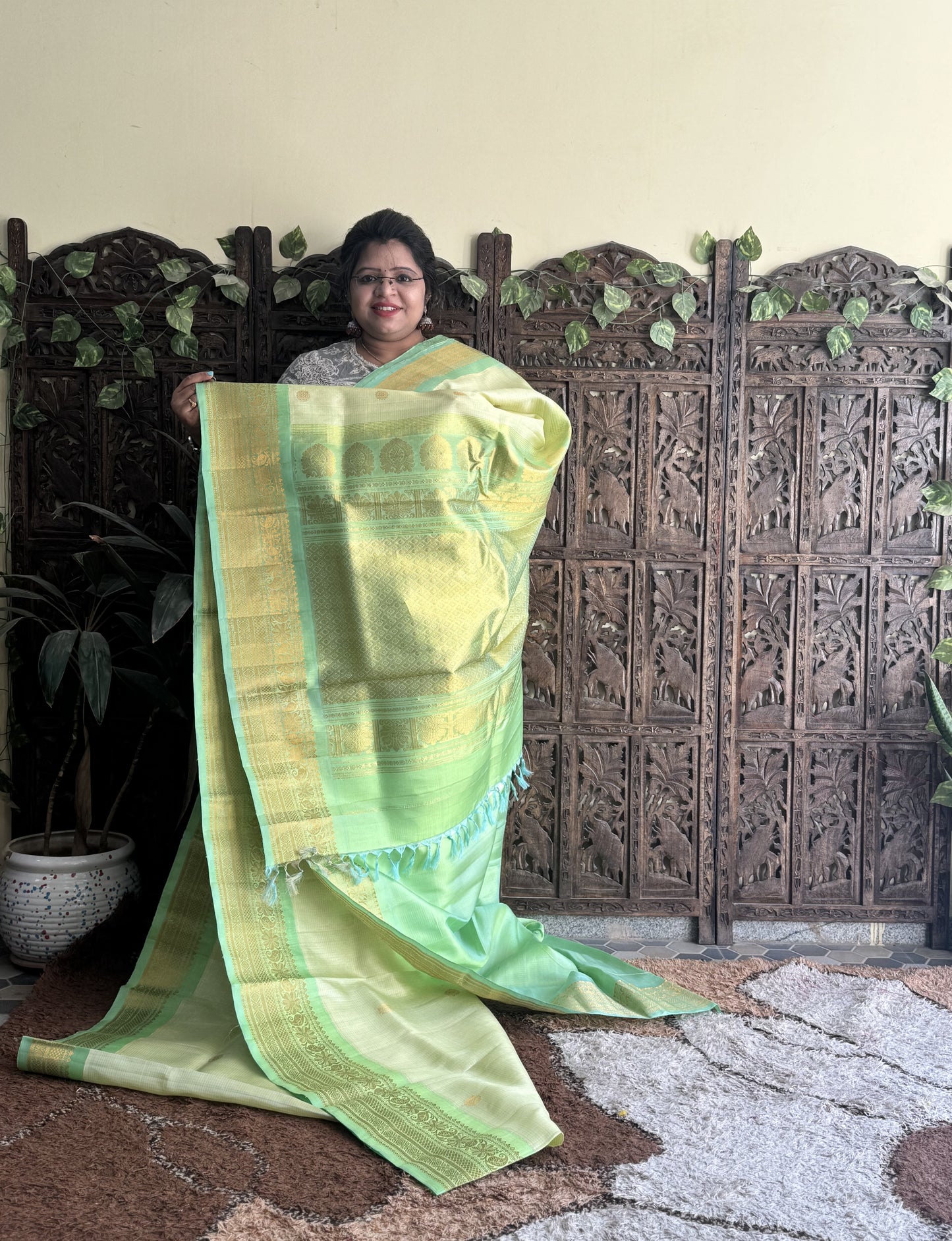 Gadwal Silk Saree Light Neon Green Colored Complemented With a Zari Border - Sampradaya Designer Studio