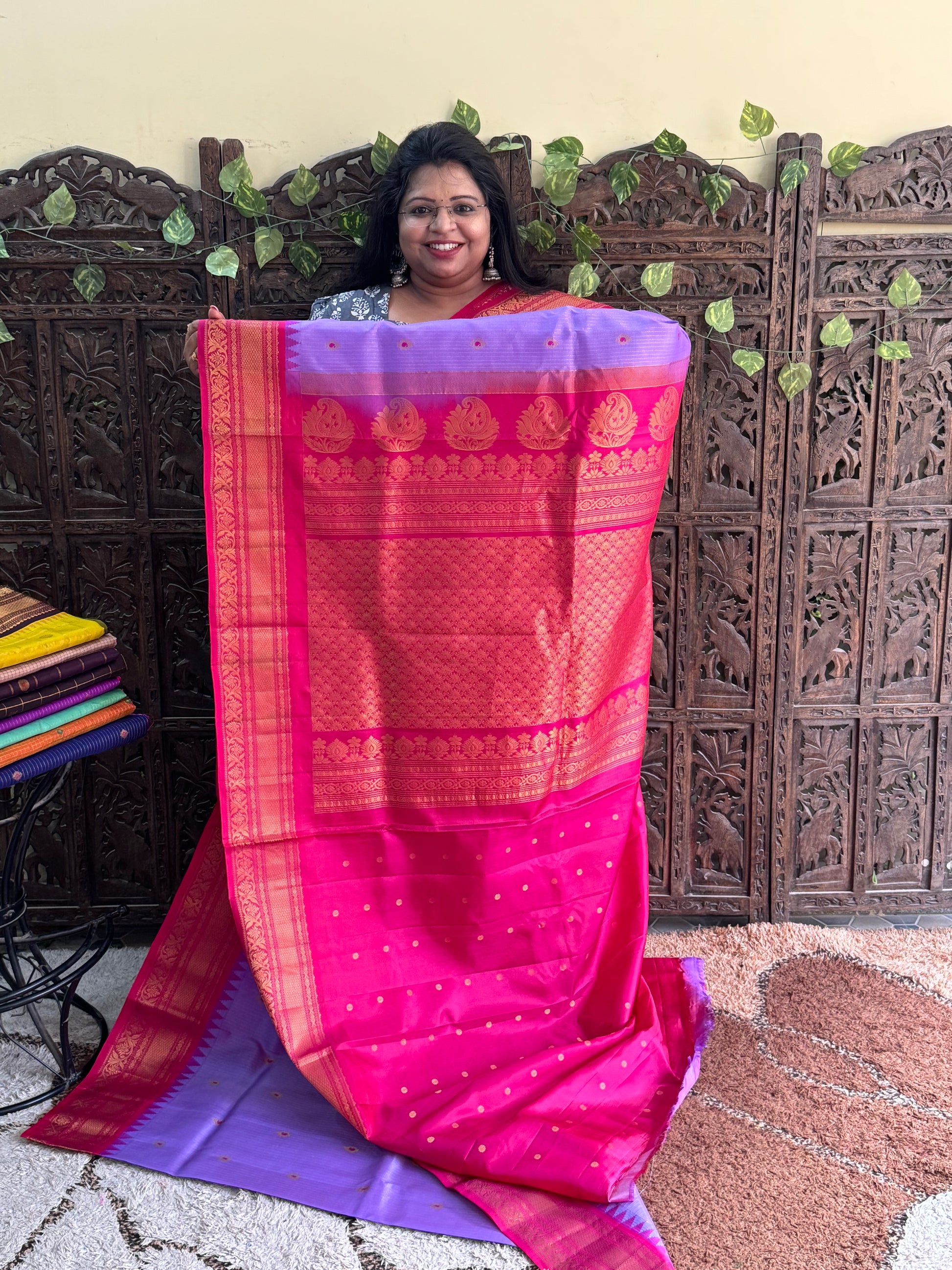 Violet Gadwal Pure Silk Saree (Powerloom) With Gold Zari Border — Silk Mark Certified - Sampradaya Designer Studio