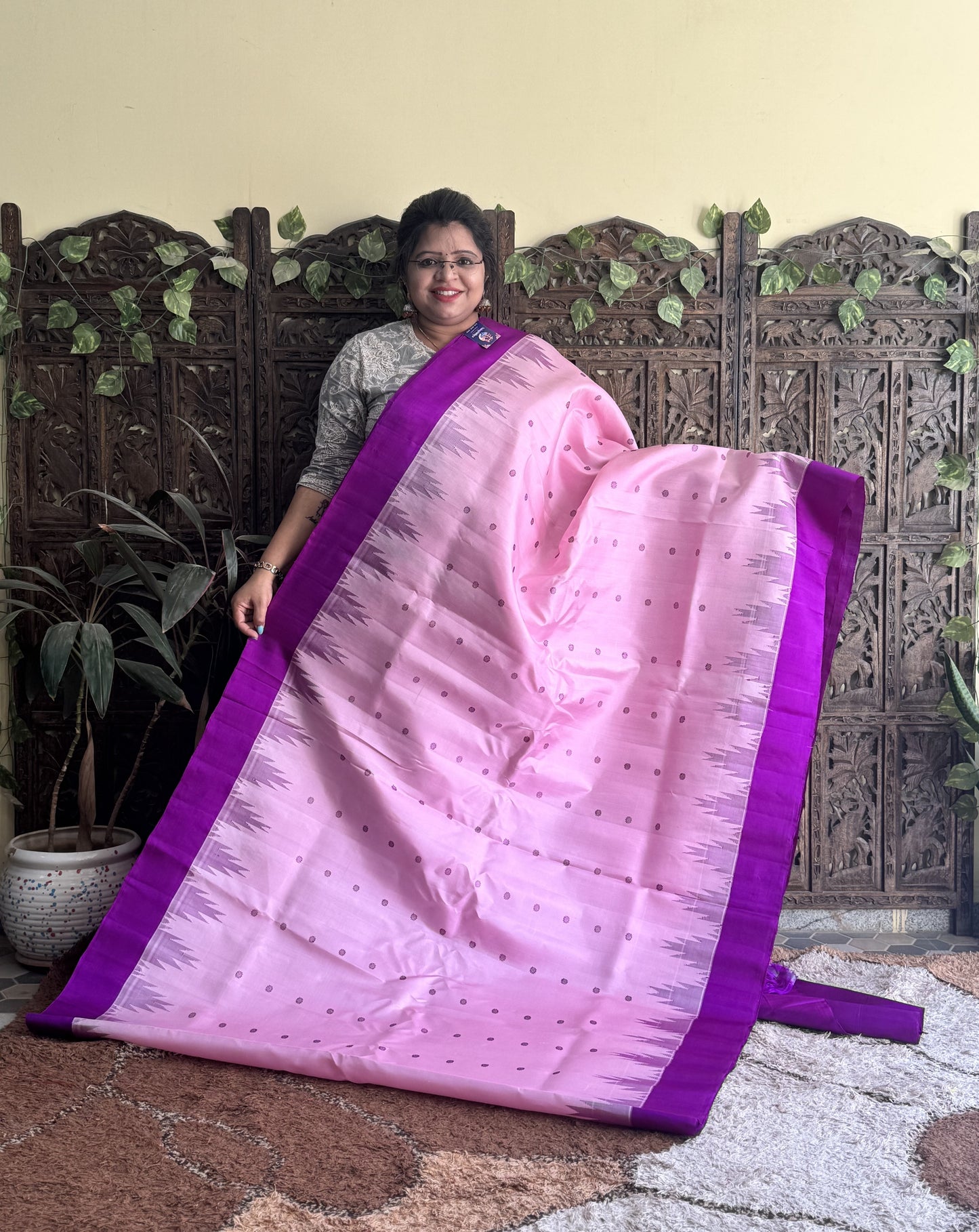 Gadwal Silk Saree Light Pink Colored Complemented With a Plain Border - Sampradaya Designer Studio