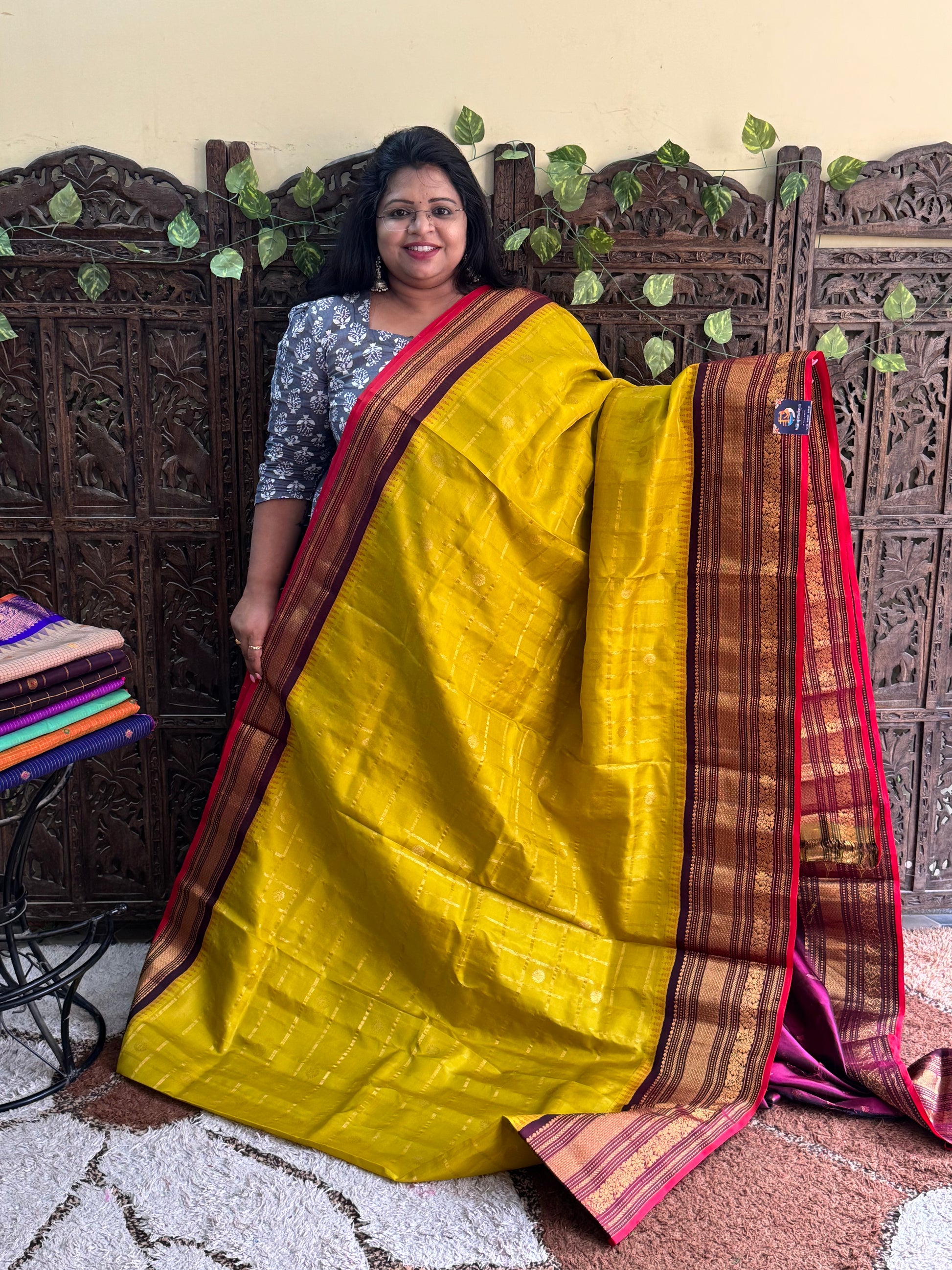 Yellow Gadwal Pure Silk Saree (Powerloom) With Gold Zari Border — Silk Mark Certified - Sampradaya Designer Studio