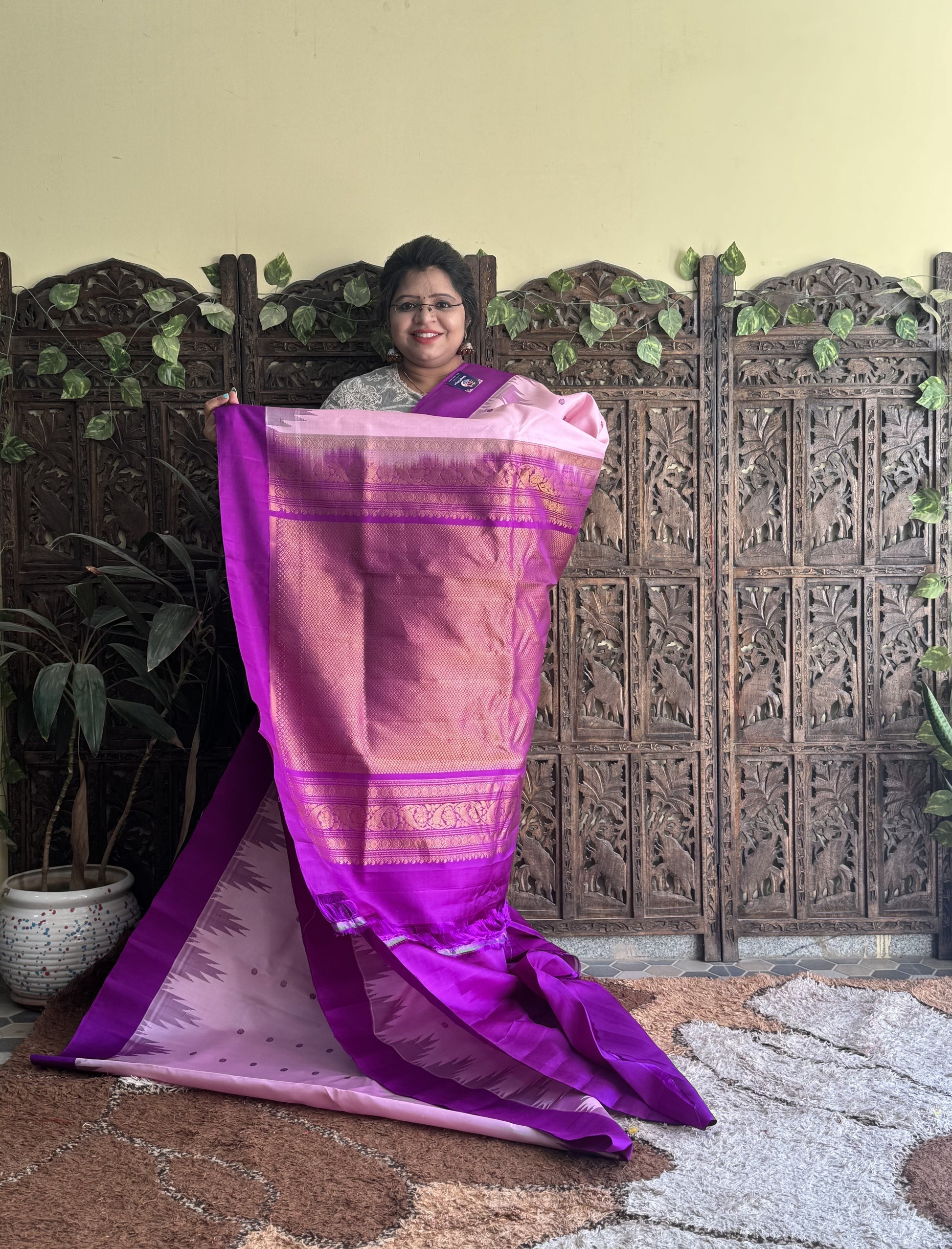 Gadwal Silk Saree Light Pink Colored Complemented With a Plain Border - Sampradaya Designer Studio