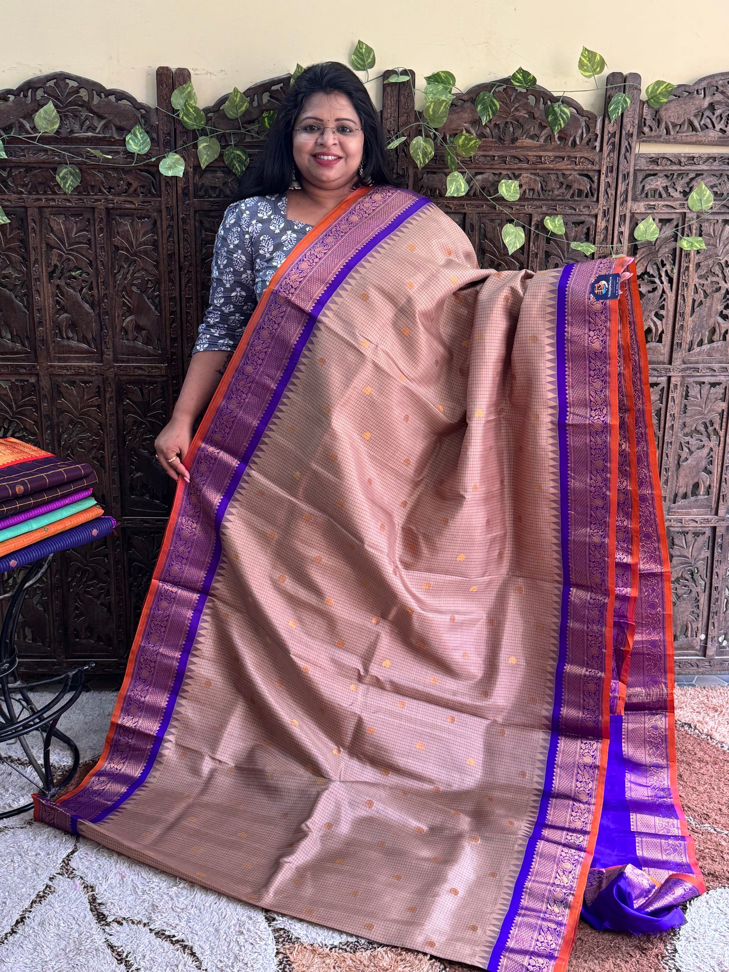 Beige Gadwal Pure Silk Saree (Powerloom) With Gold Zari Border — Silk Mark Certified - Sampradaya Designer Studio