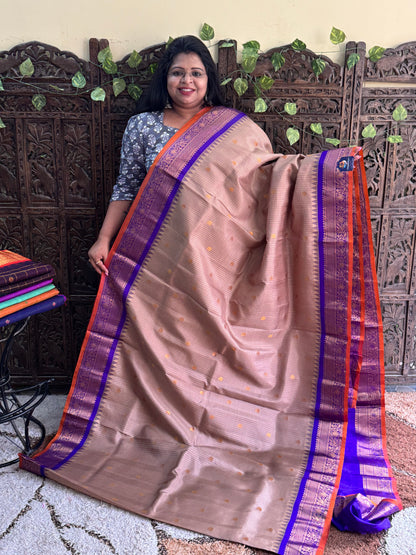 Beige Gadwal Pure Silk Saree (Powerloom) With Gold Zari Border — Silk Mark Certified - Sampradaya Designer Studio