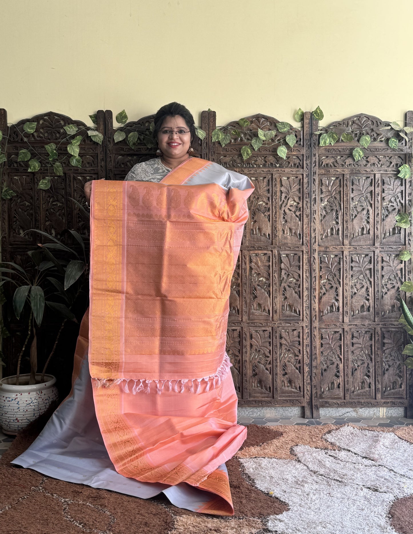 Gadwal Silk Saree Ash Colored Complemented With a Zari Border - Sampradaya Designer Studio