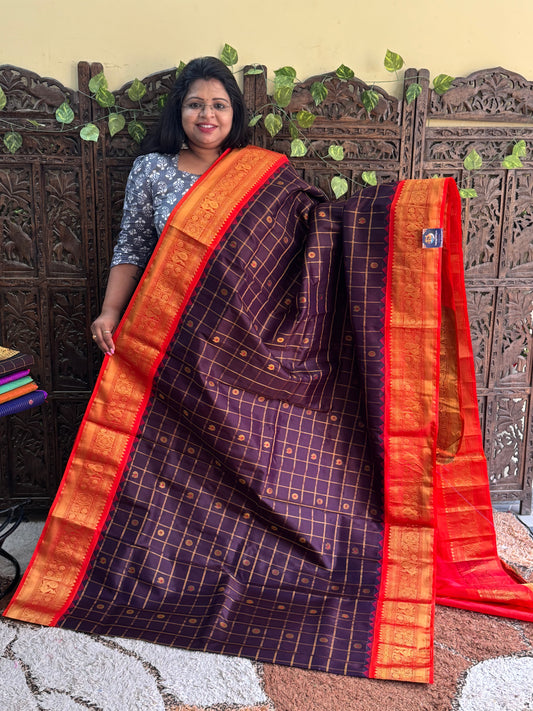 Brown Gadwal Pure Silk Saree (Powerloom) With Gold Zari Border — Silk Mark Certified