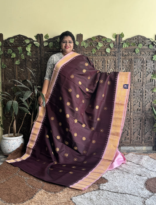 Gadwal Silk Saree Chocolate Brown Colored Complemented With a Zari Border - Sampradaya Designer Studio