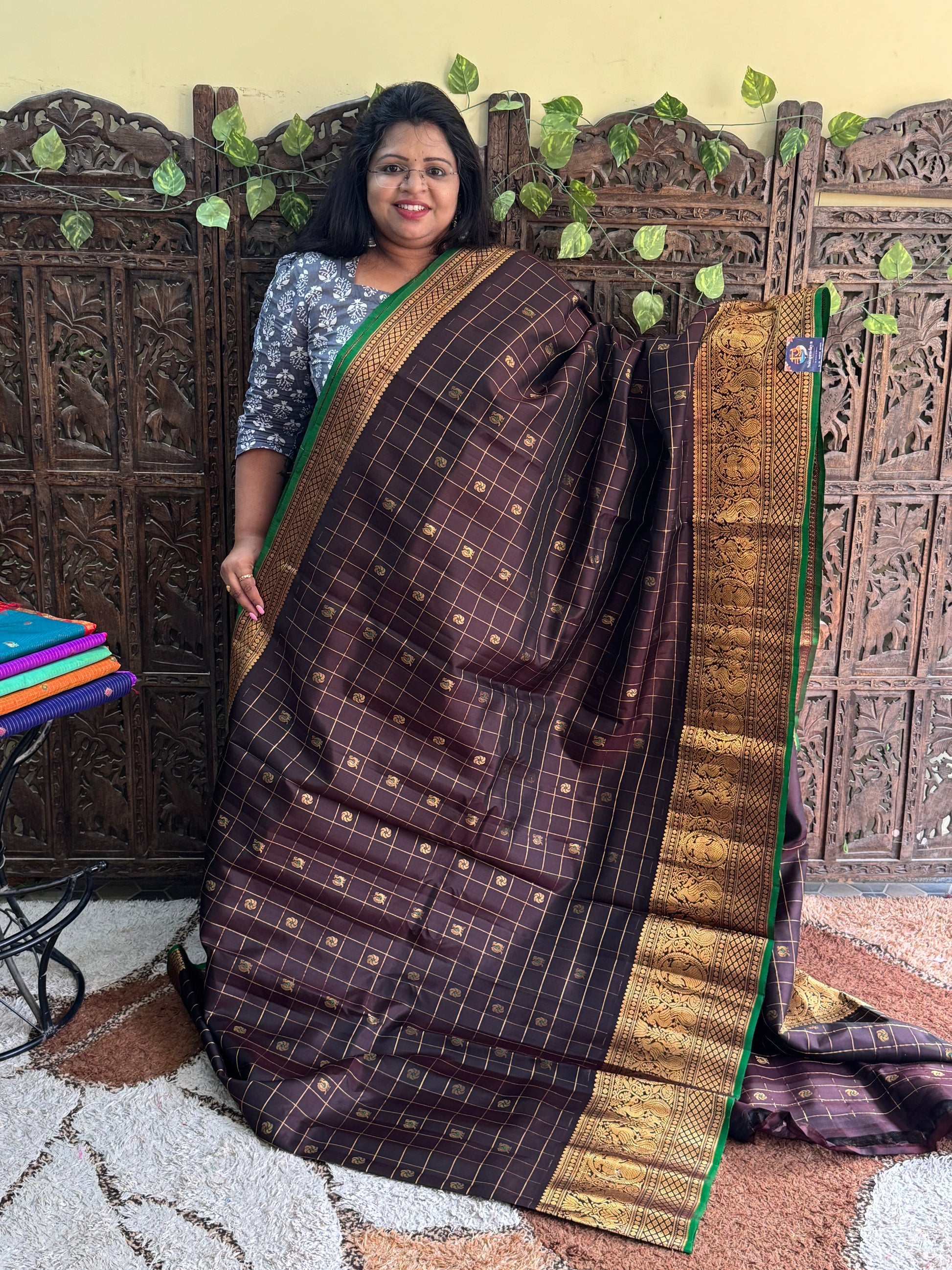 Brown Gadwal Pure Silk Saree (Powerloom) With Gold Zari Border — Silk Mark Certified - Sampradaya Designer Studio