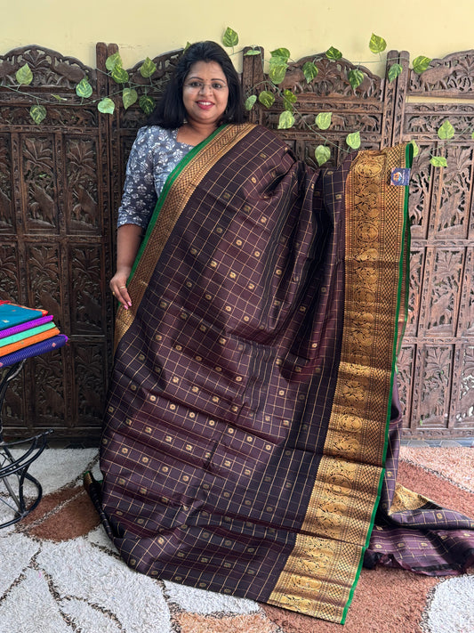 Brown Gadwal Pure Silk Saree (Powerloom) With Gold Zari Border — Silk Mark Certified