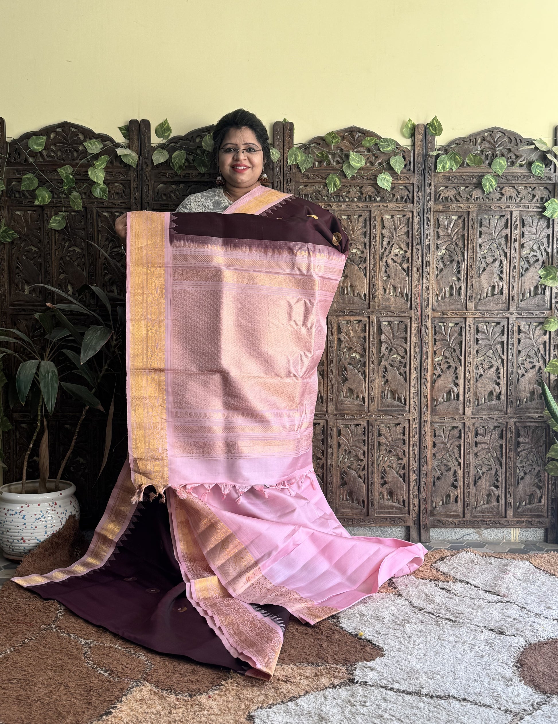 Gadwal Silk Saree Chocolate Brown Colored Complemented With a Zari Border - Sampradaya Designer Studio