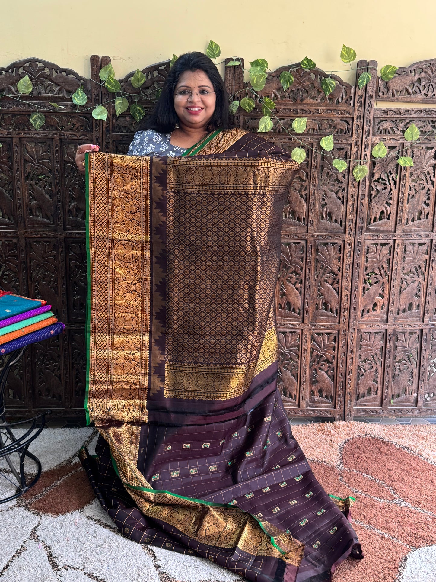 Brown Gadwal Pure Silk Saree (Powerloom) With Gold Zari Border — Silk Mark Certified - Sampradaya Designer Studio