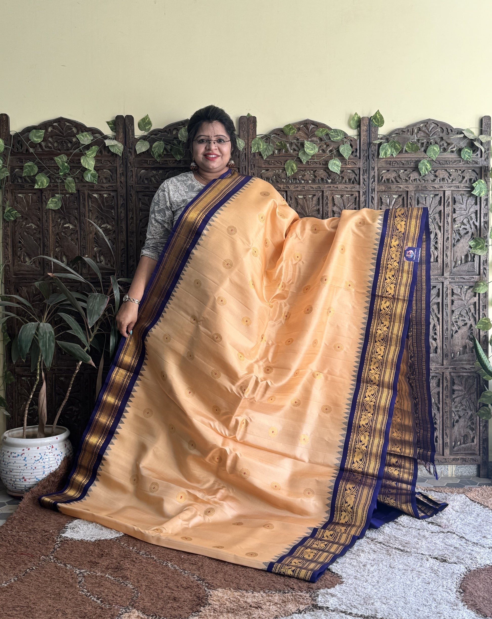 Gadwal Silk Saree Sandalwood Colored Complemented With a Zari Border - Sampradaya Designer Studio