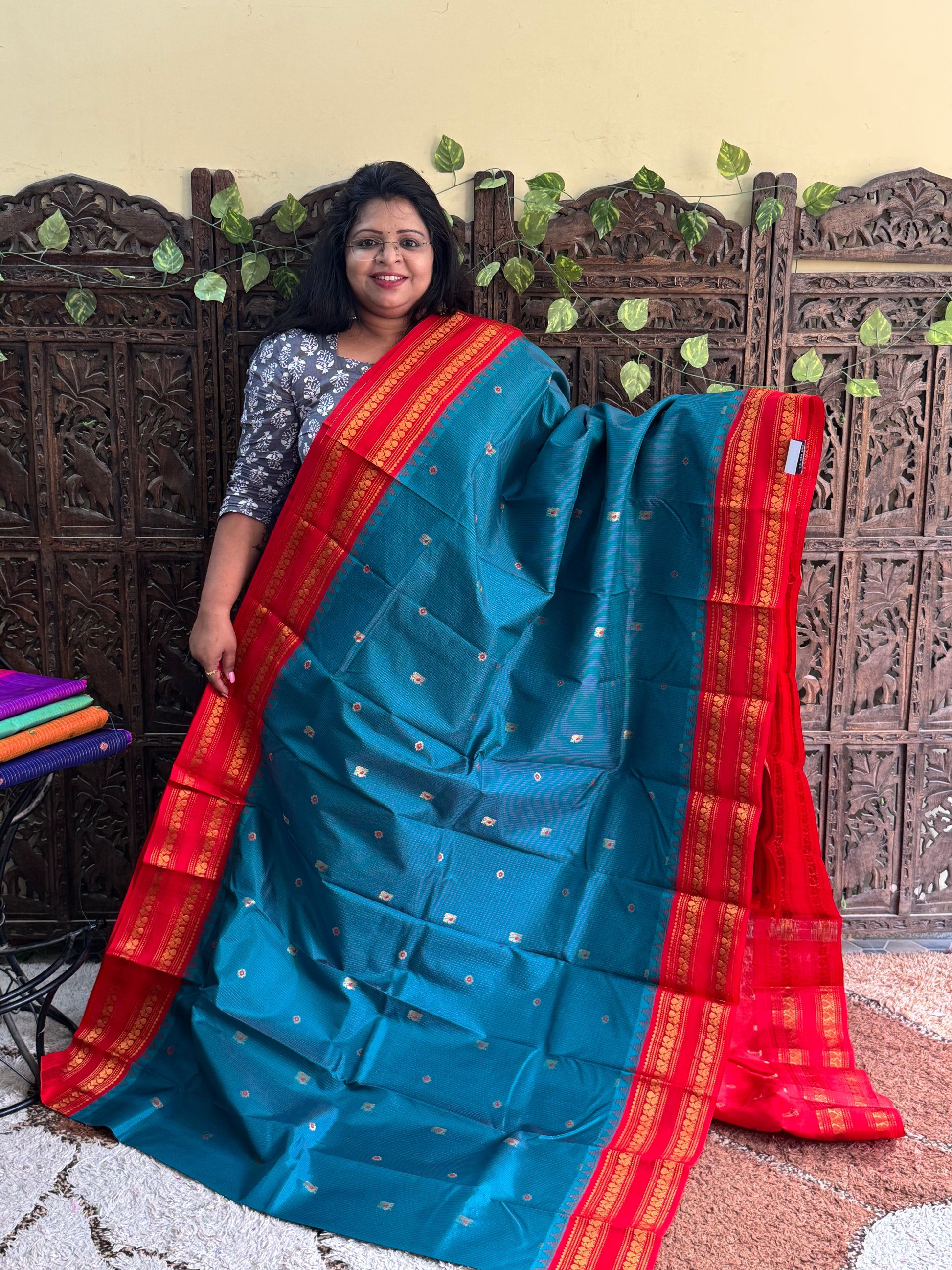 Rama  Green Gadwal Pure Silk Saree (Powerloom) With Gold Zari Border — Silk Mark Certified - Sampradaya Designer Studio
