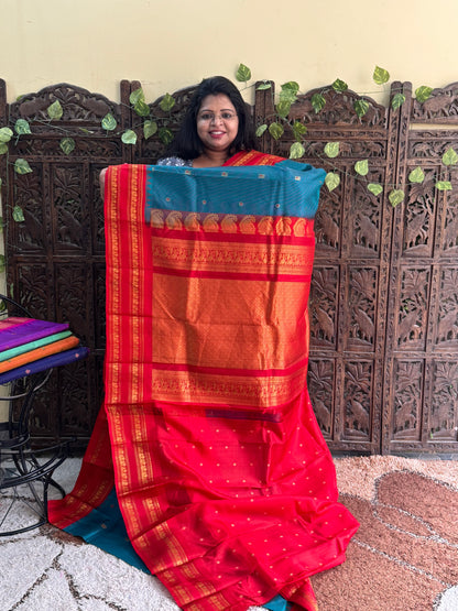 Rama  Green Gadwal Pure Silk Saree (Powerloom) With Gold Zari Border — Silk Mark Certified - Sampradaya Designer Studio