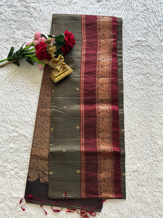 Kanjivaram Silk Saree - Gray with Gold Zari Border ( Powerloom) | Affordable Luxury