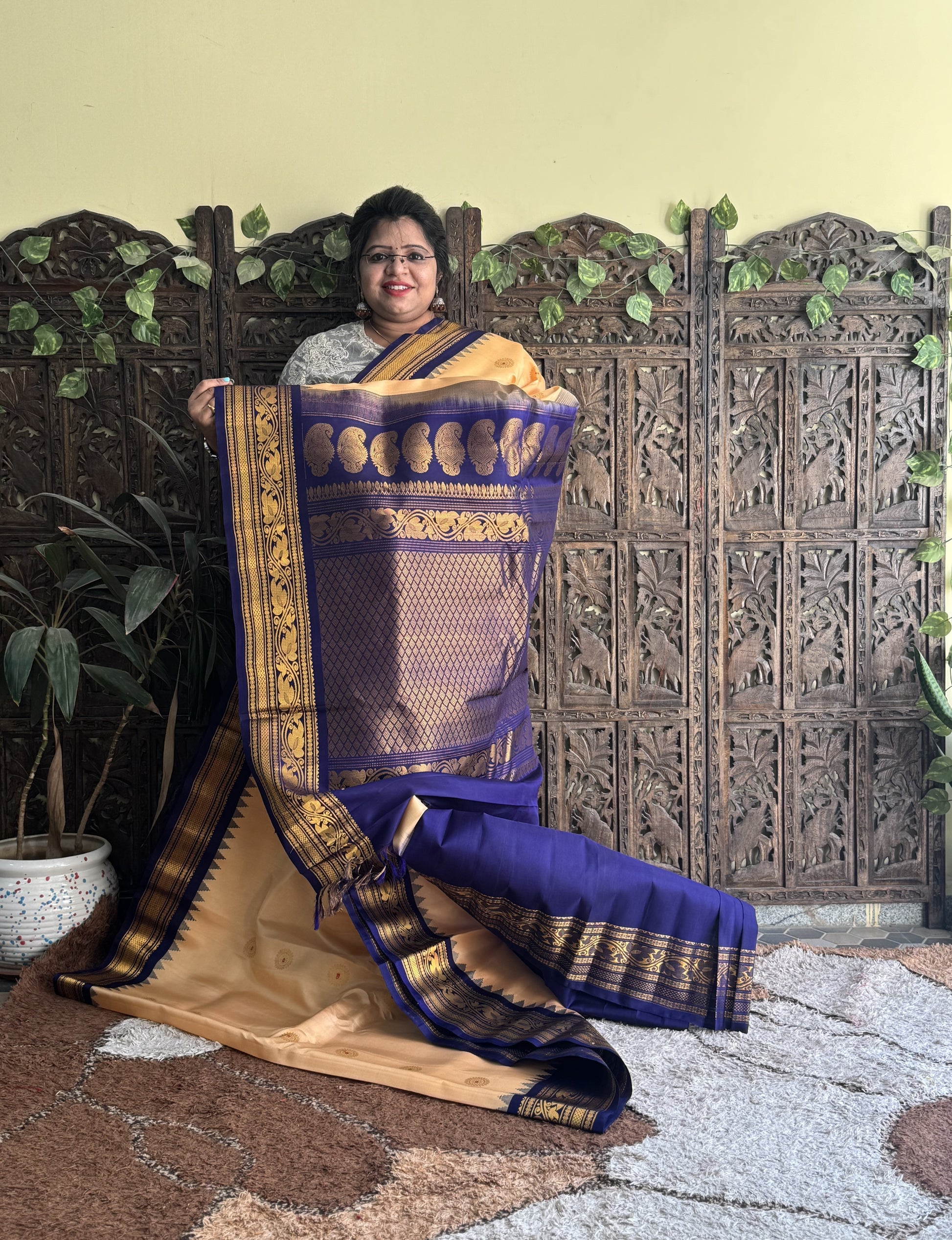 Gadwal Silk Saree Sandalwood Colored Complemented With a Zari Border - Sampradaya Designer Studio