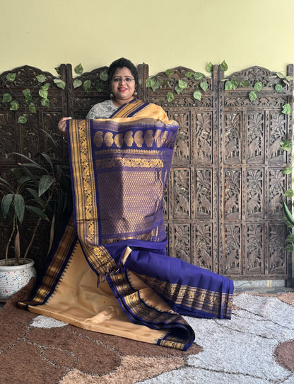 Gadwal Silk Saree Sandalwood Colored Complemented With a Zari Border - Sampradaya Designer Studio