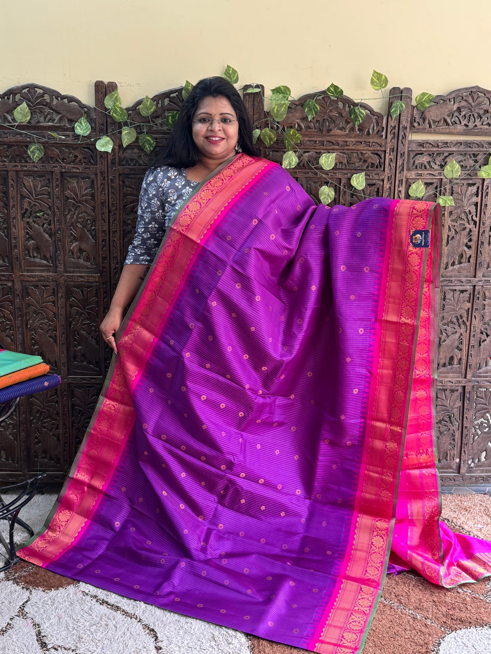 Violet Gadwal Pure Silk Saree (Powerloom) With Gold Zari Border — Silk Mark Certified - Sampradaya Designer Studio