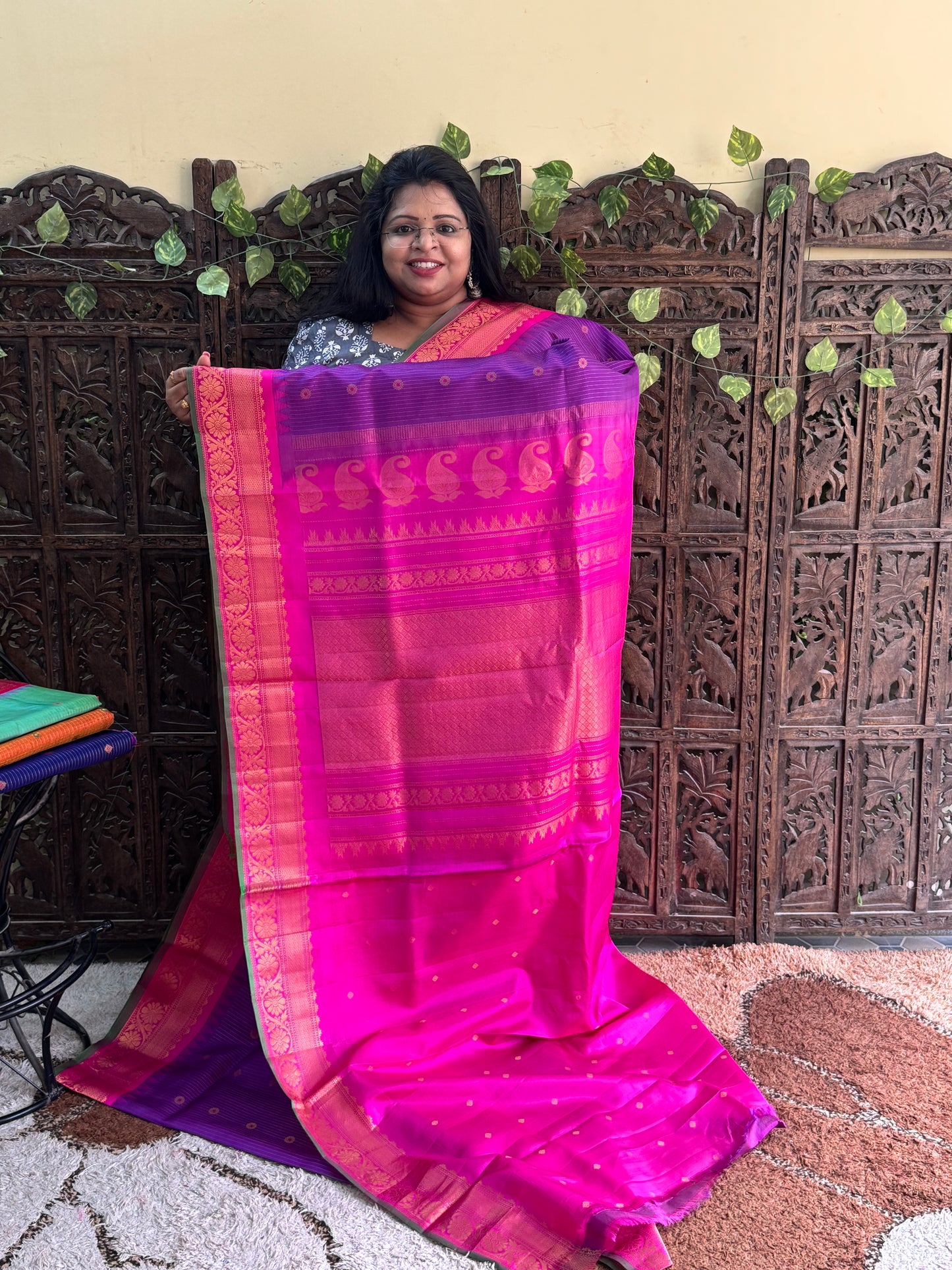 Violet Gadwal Pure Silk Saree (Powerloom) With Gold Zari Border — Silk Mark Certified - Sampradaya Designer Studio