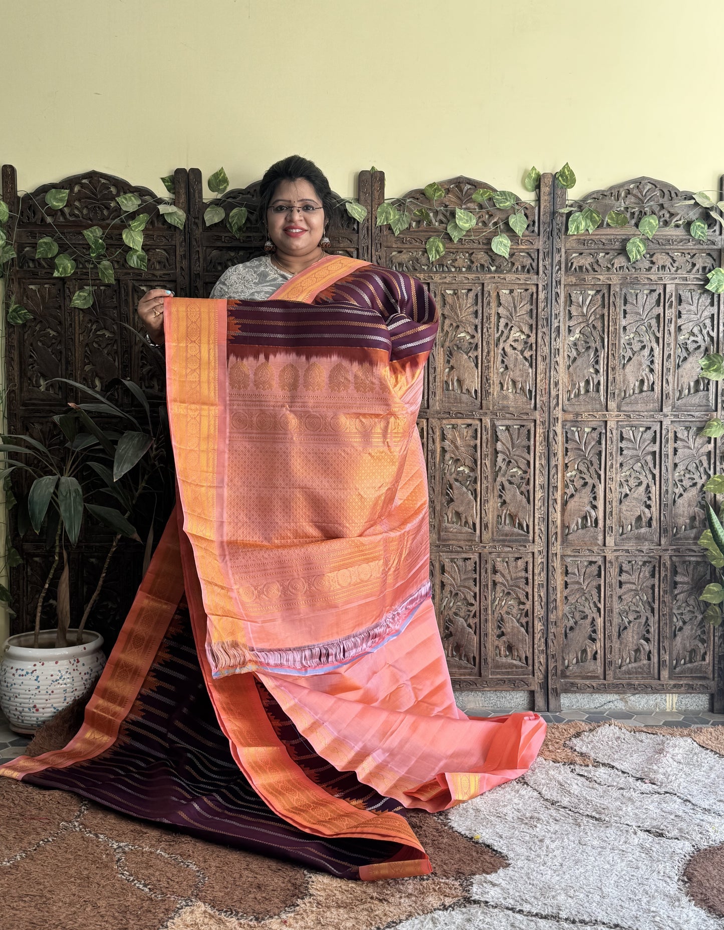 Gadwal Silk Saree Brown Colored Complemented With a Zari Border - Sampradaya Designer Studio