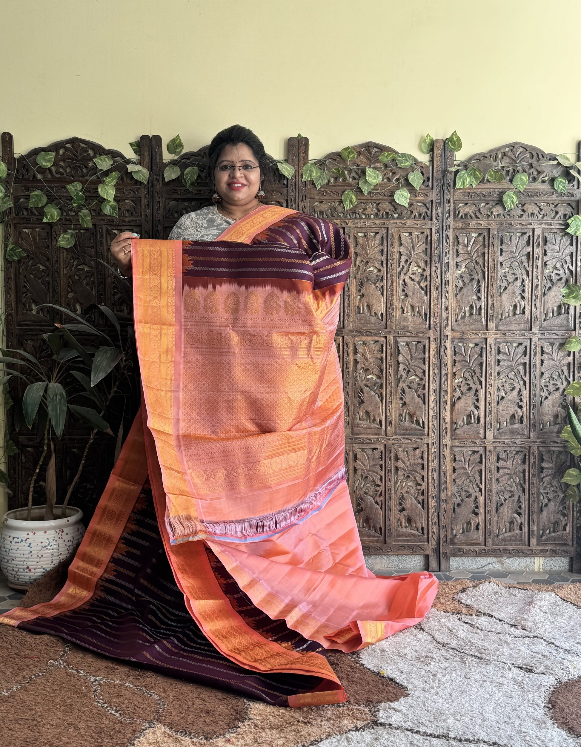 Gadwal Silk Saree Brown Colored Complemented With a Zari Border - Sampradaya Designer Studio