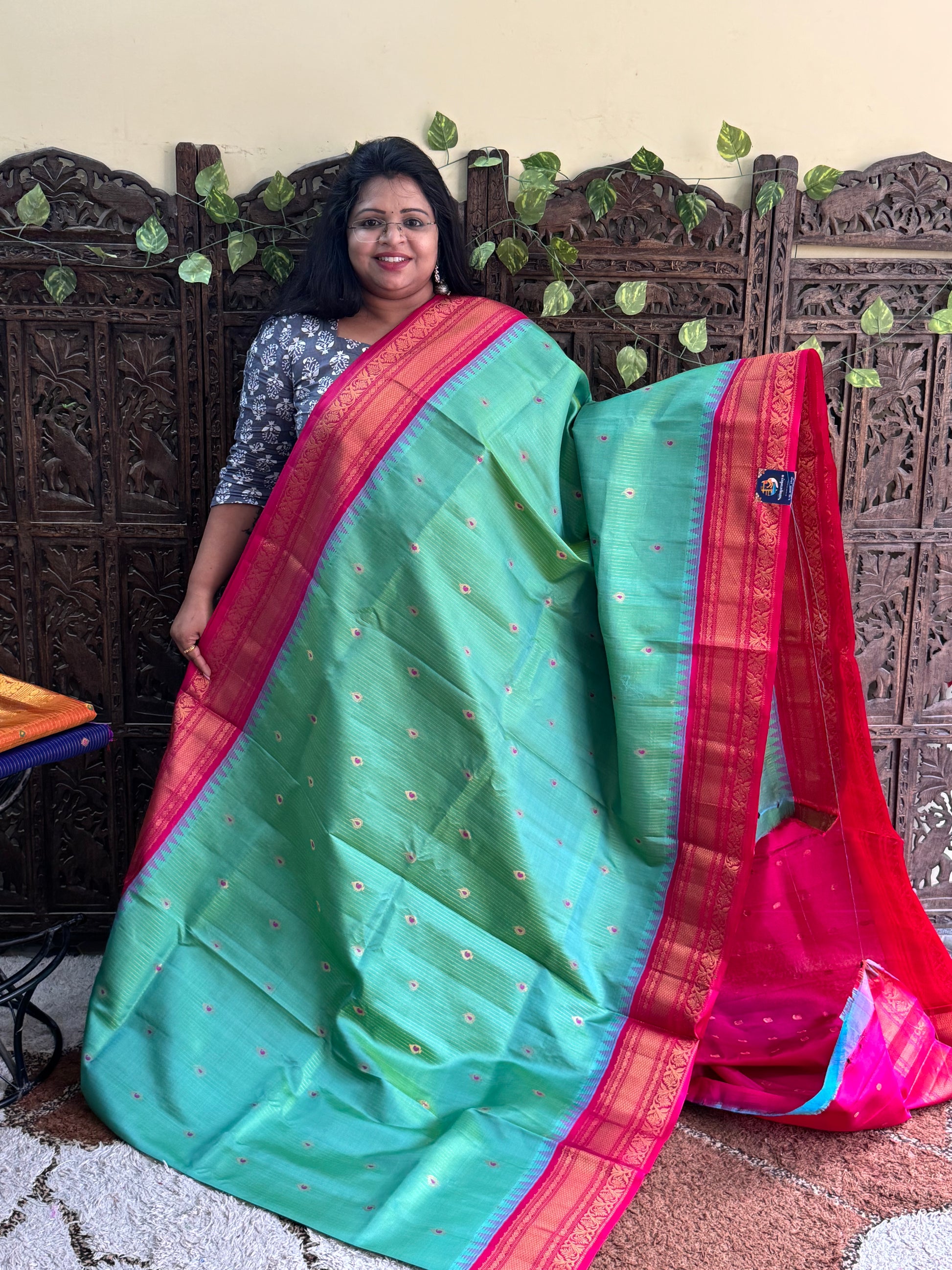 Green Gadwal Pure Silk Saree (Powerloom) With Gold Zari Border — Silk Mark Certified - Sampradaya Designer Studio