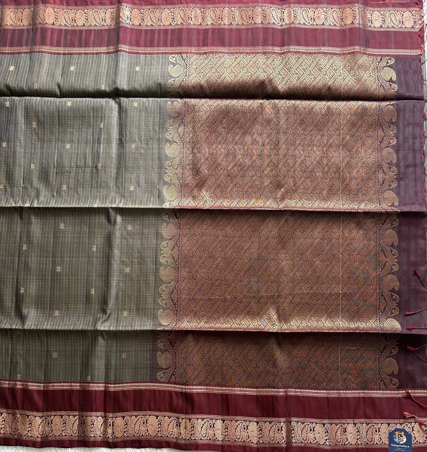 Kanjivaram Silk Saree - Gray with Gold Zari Border ( Powerloom) | Affordable Luxury