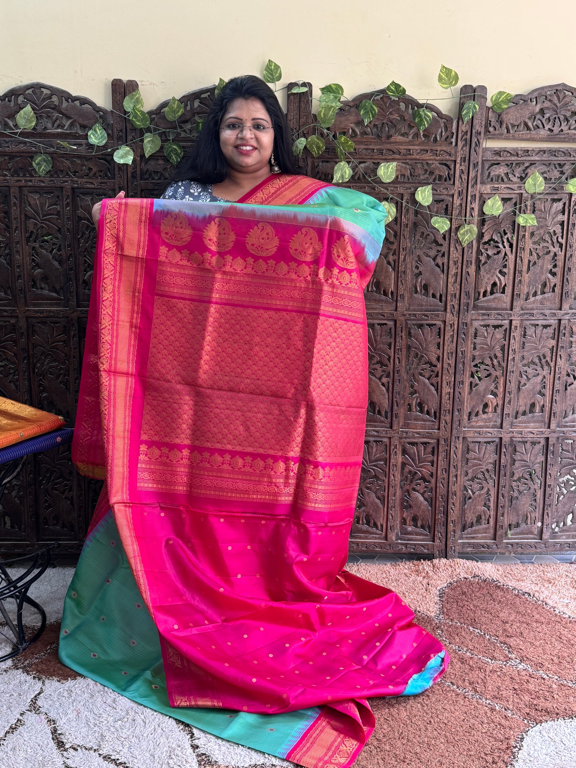 Green Gadwal Pure Silk Saree (Powerloom) With Gold Zari Border — Silk Mark Certified - Sampradaya Designer Studio