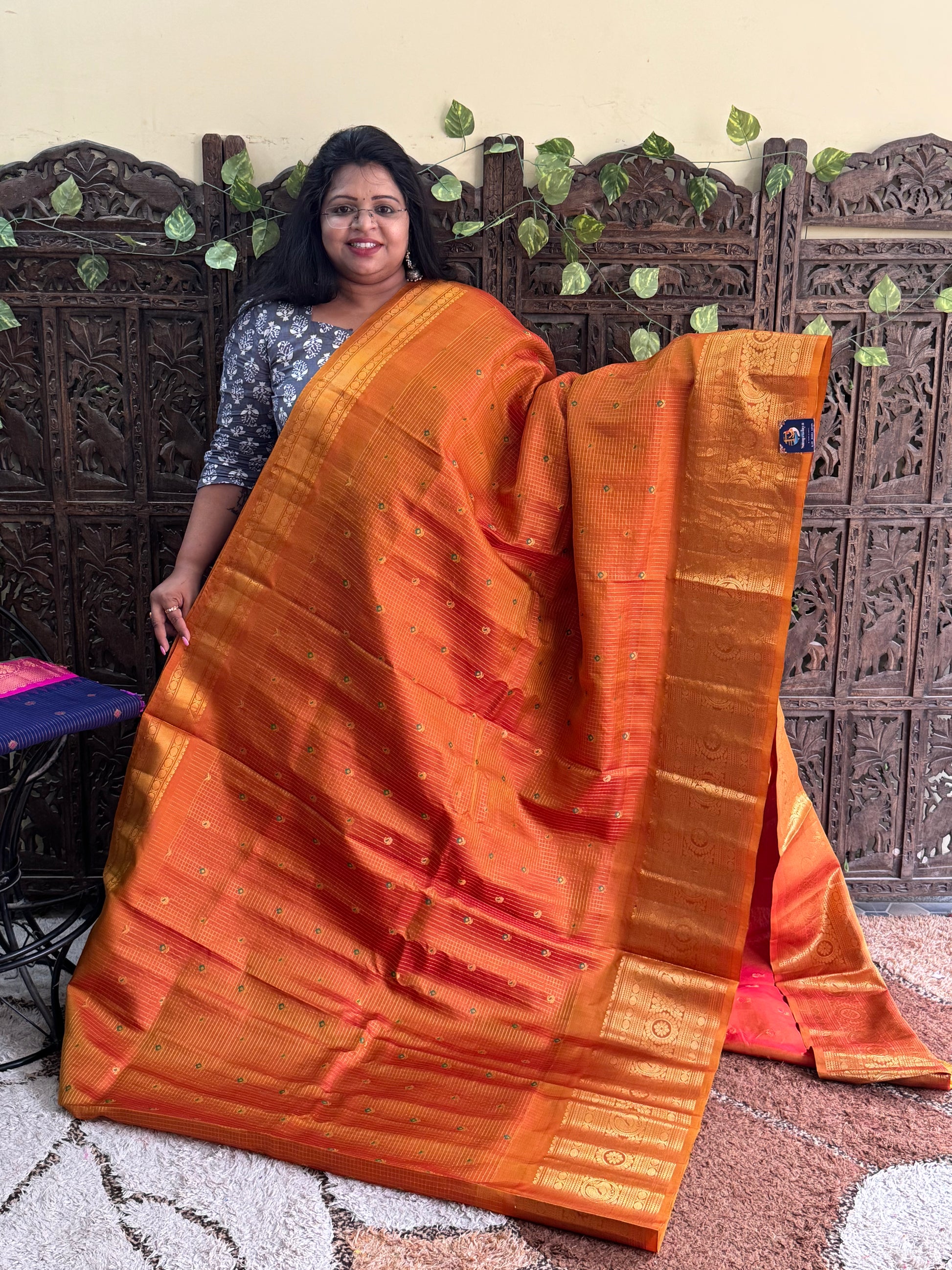 Orange Gadwal Pure Silk Saree (Powerloom) With Gold Zari Border — Silk Mark Certified - Sampradaya Designer Studio