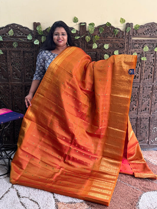 Orange Gadwal Pure Silk Saree (Powerloom) With Gold Zari Border — Silk Mark Certified