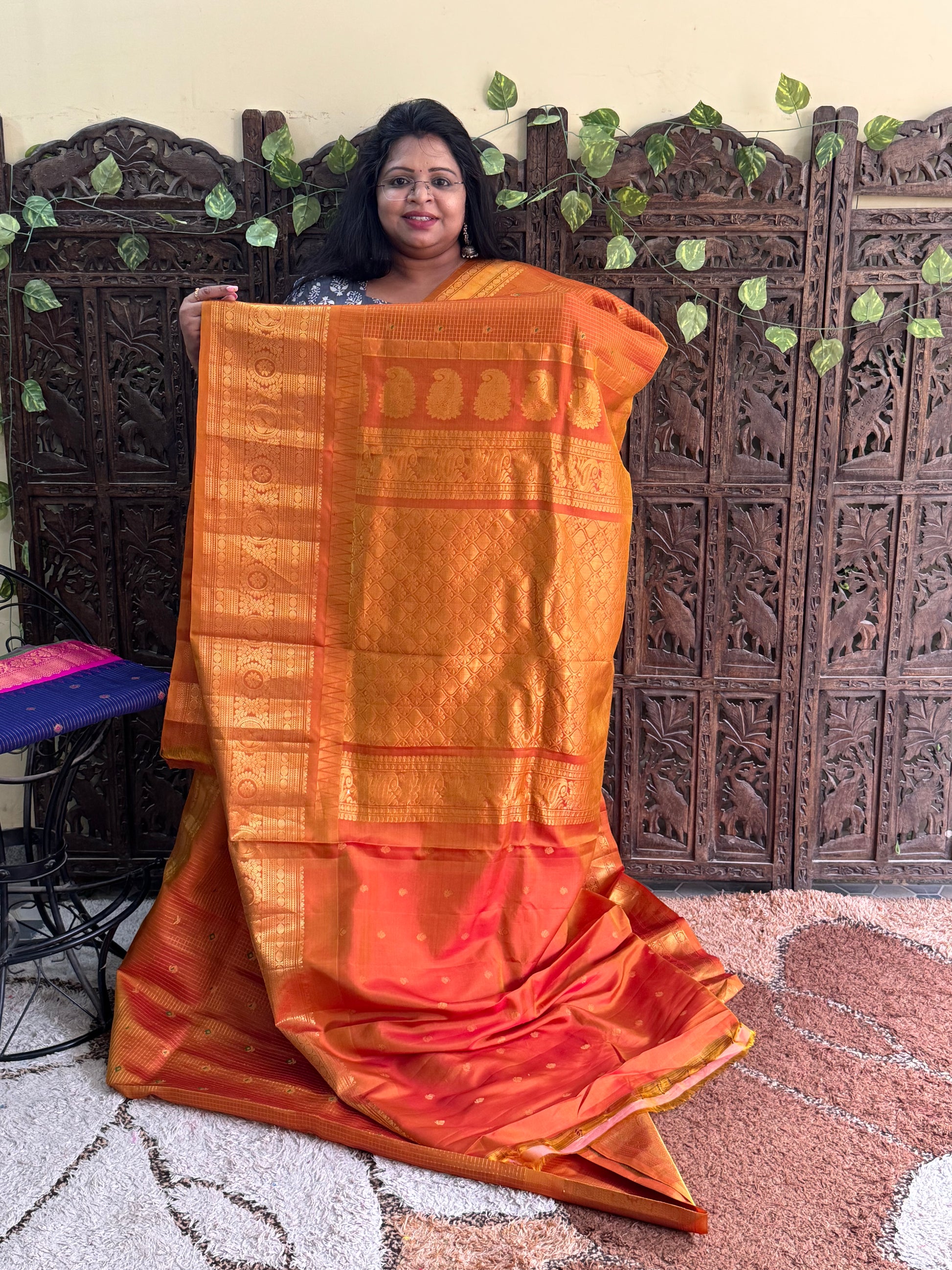 Orange Gadwal Pure Silk Saree (Powerloom) With Gold Zari Border — Silk Mark Certified - Sampradaya Designer Studio