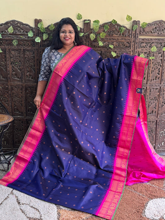 Blue Gadwal Pure Silk Saree (Powerloom) With Gold Zari Border — Silk Mark Certified