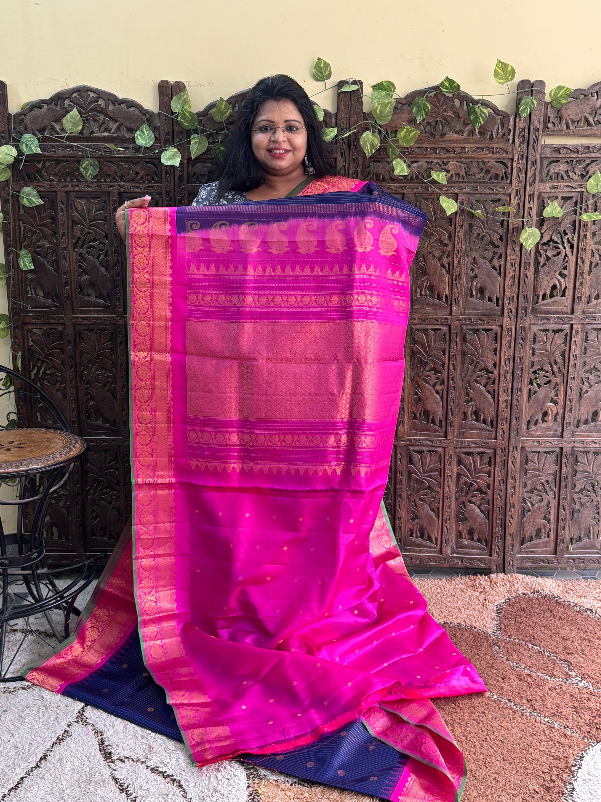 Blue Gadwal Pure Silk Saree (Powerloom) With Gold Zari Border — Silk Mark Certified - Sampradaya Designer Studio