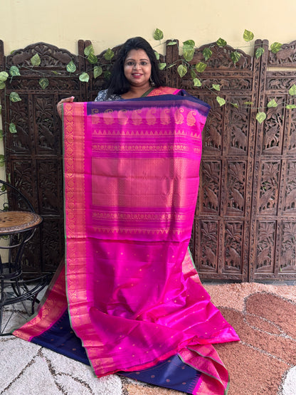 Blue Gadwal Pure Silk Saree (Powerloom) With Gold Zari Border — Silk Mark Certified - Sampradaya Designer Studio