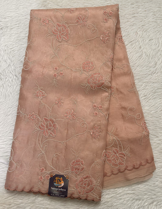 Banarasi Kora Silk Saree Coral Colored Complemented with a Scallop Border. - Sampradaya Designer Studio