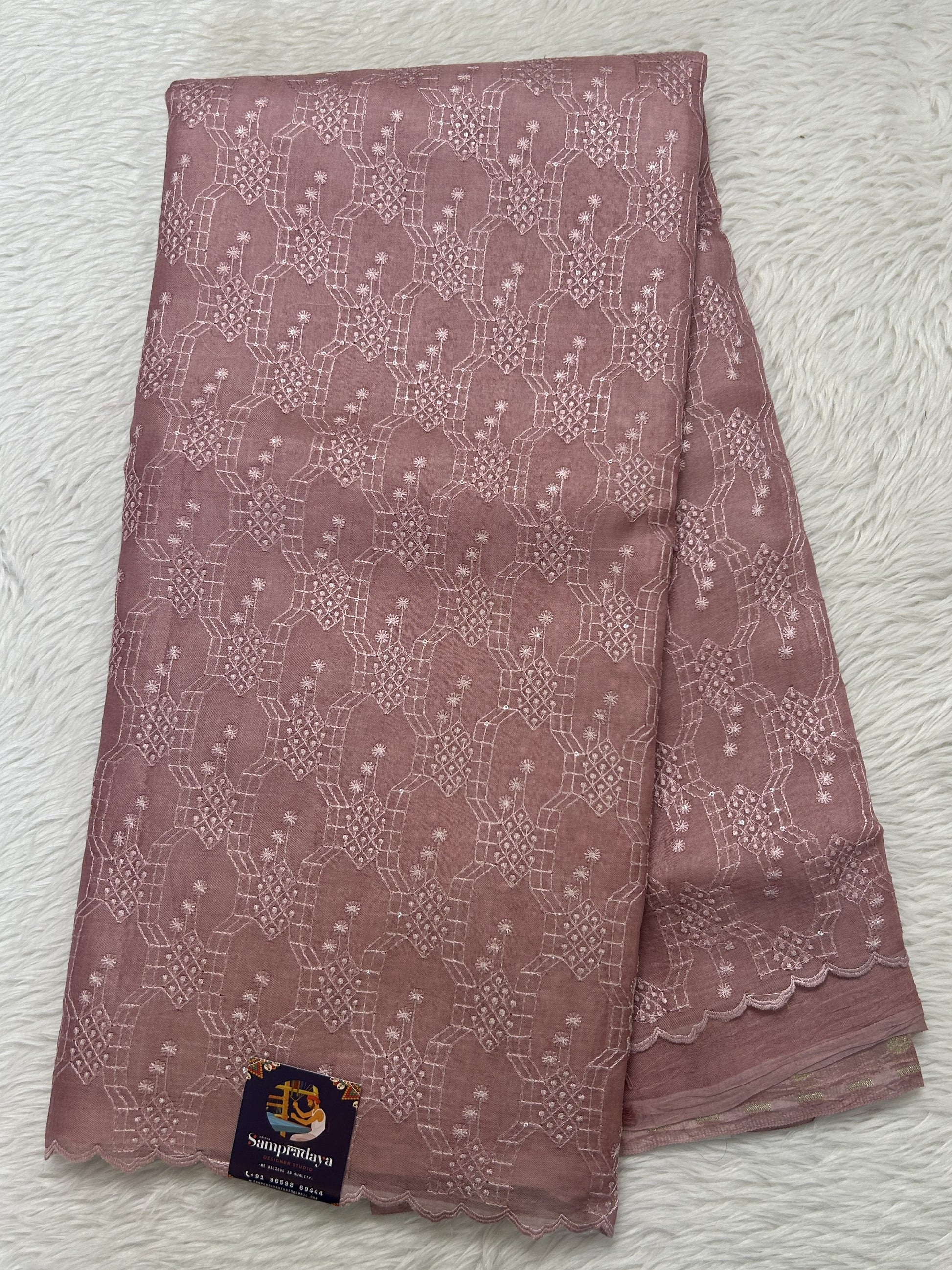 Banarasi Kora Silk Saree Onion Pink Colored Complemented with a Scallop Border. - Sampradaya Designer Studio