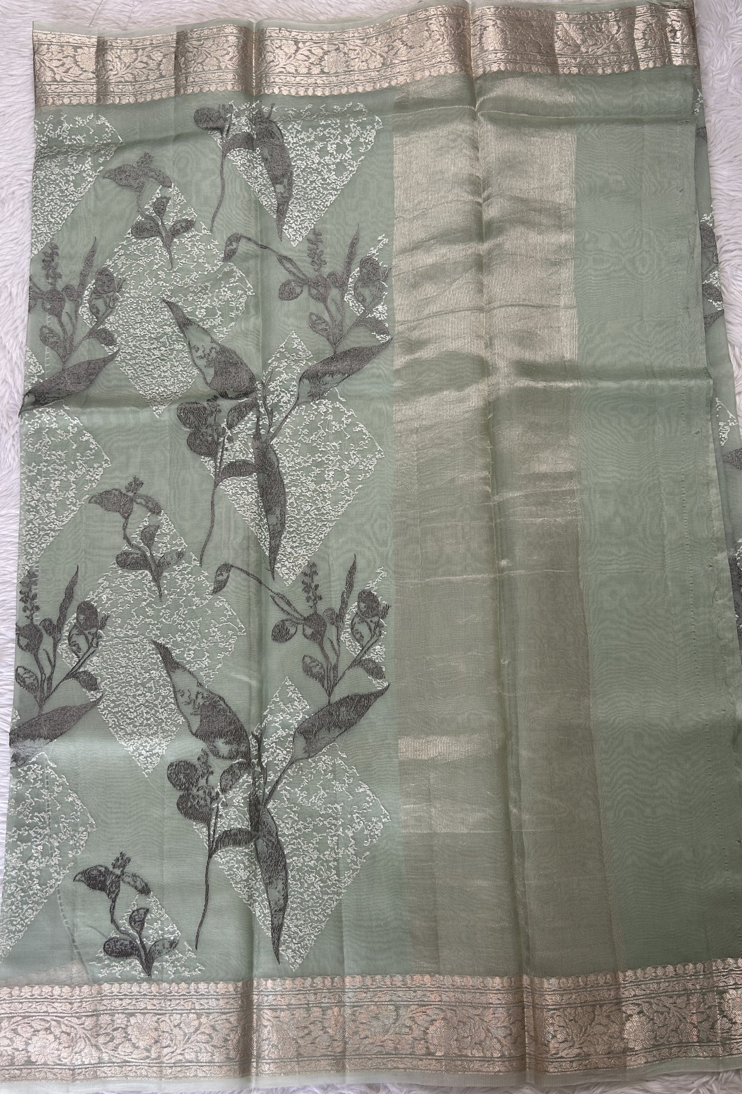 Banarasi Kora Silk Saree Sea Green Colored Complemented with a Zari Border. - Sampradaya Designer Studio