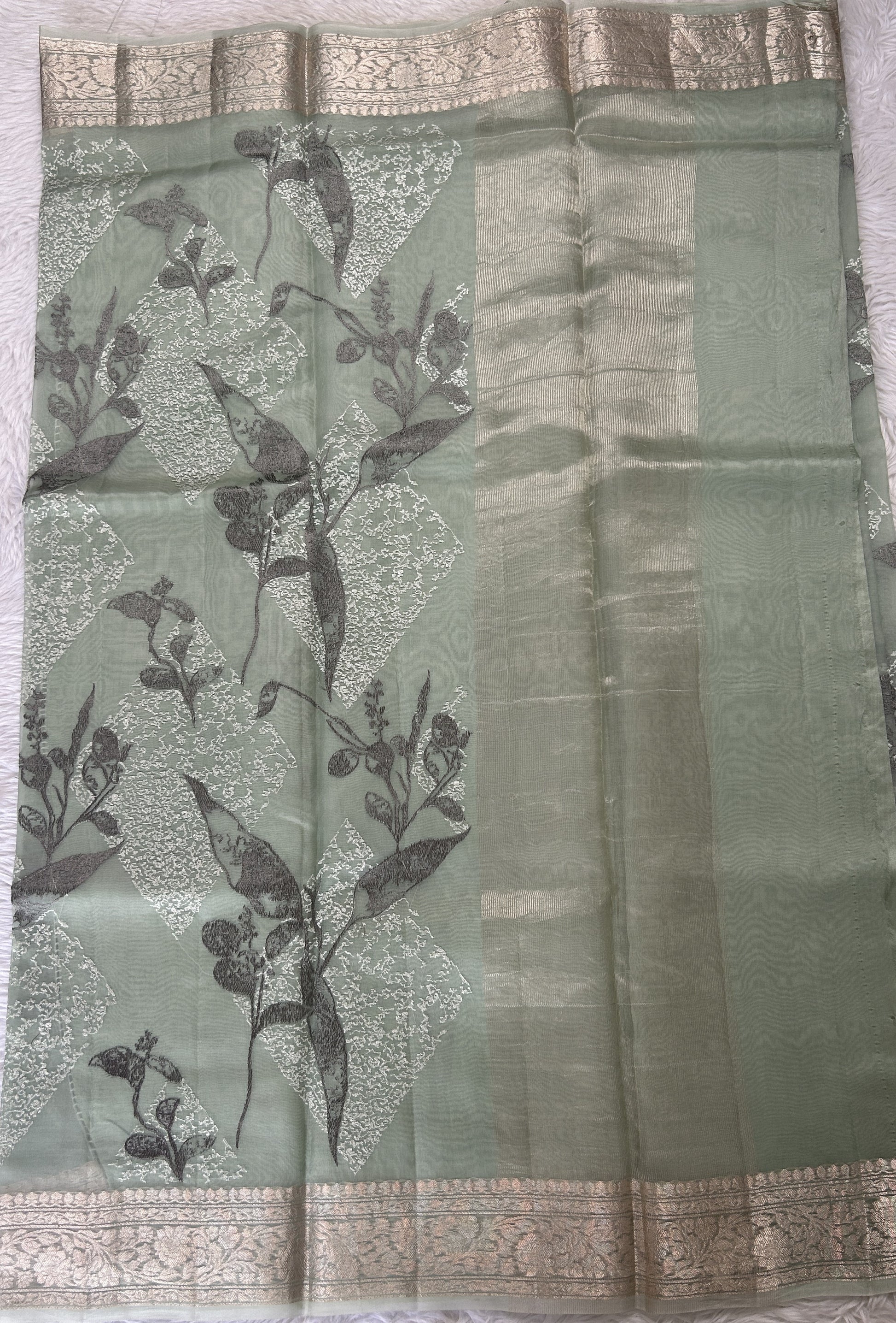 Banarasi Kora Silk Saree Sea Green Colored Complemented with a Zari Border. - Sampradaya Designer Studio