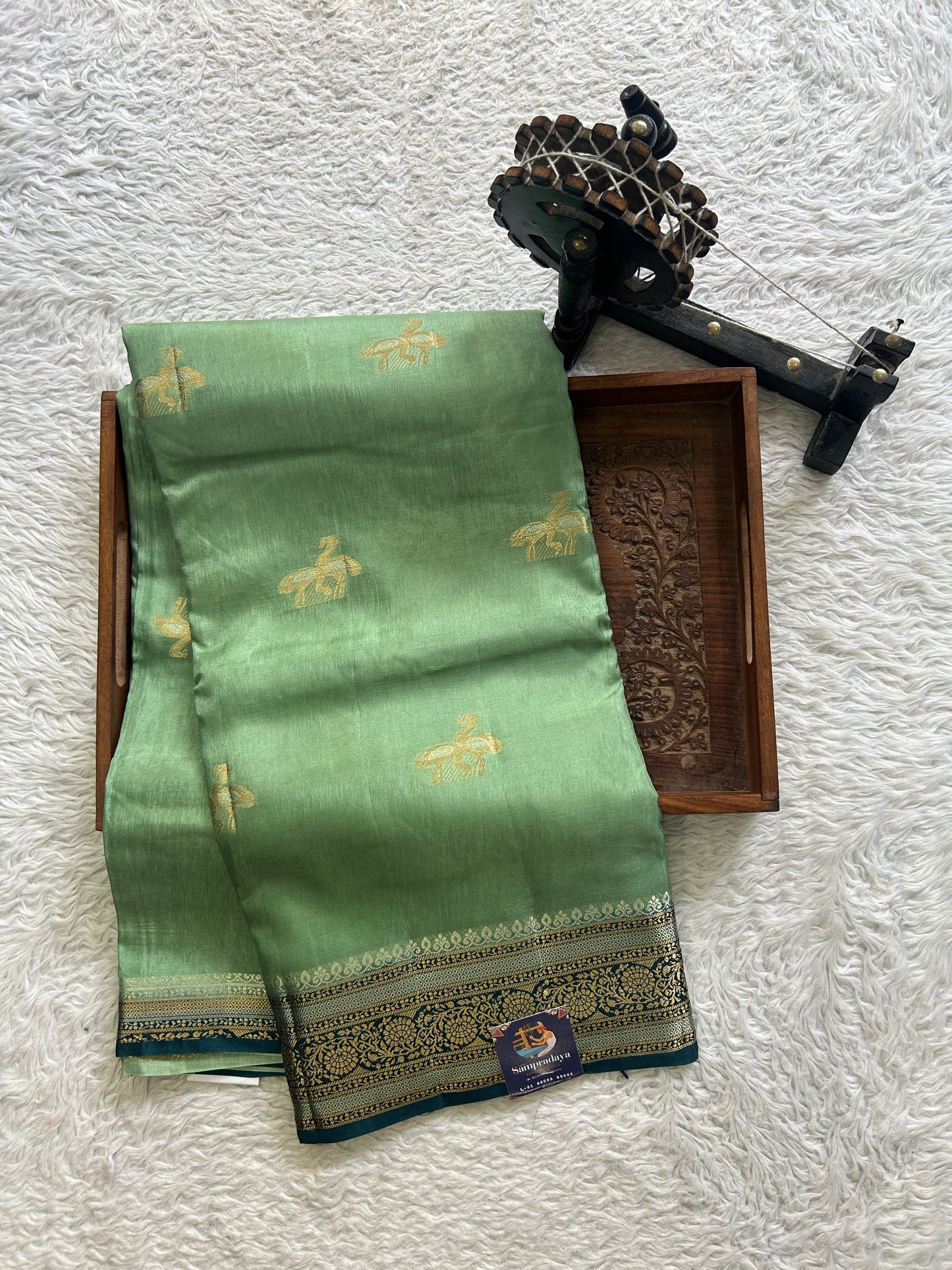 Satin Silk Saree Mint Green Colored Complemented with Zari Border. - Sampradaya Designer Studio