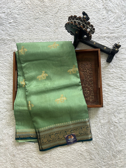 Satin Silk Saree Mint Green Colored Complemented with Zari Border. - Sampradaya Designer Studio