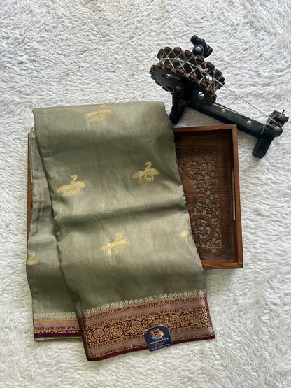 Satin Silk Saree Grey Colored Complemented with a Zari Border. - Sampradaya Designer Studio