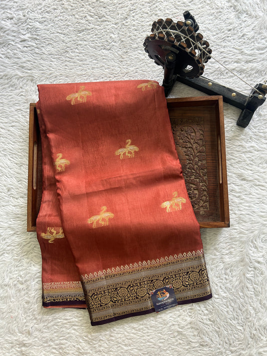 Satin Silk Saree Rust Colored Complemented with a Zari Border. - Sampradaya Designer Studio